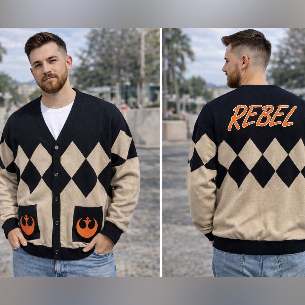 Star Wars Rebel Argyle Cardigan Sweater Men’s XL Black Tan Graphic Button Up